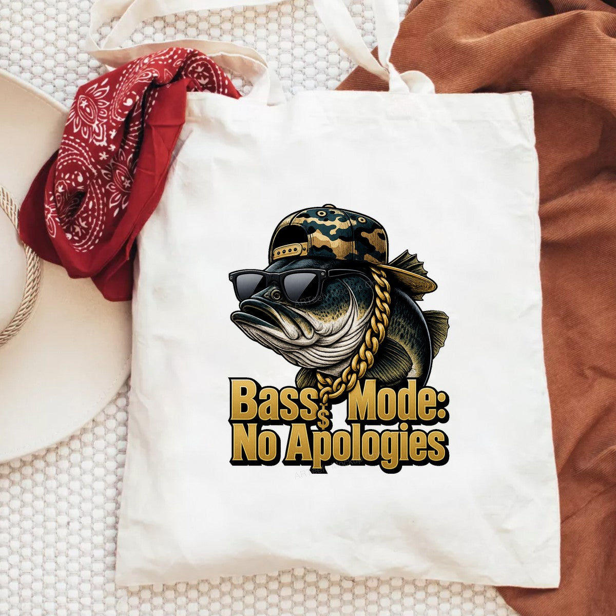Funny Graphic Transfer Bass Mode No Apologies Cool Rapper Fish with Gold Chain Design for T Shirts Hoodies and Fishing Gifts - 6