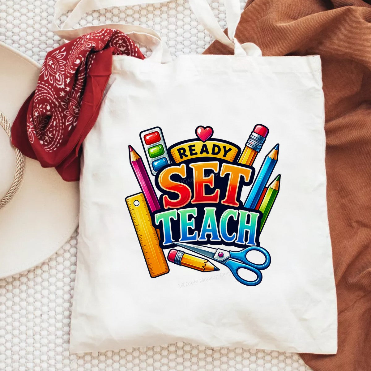 DTF Heat Transfer Ready Set Teach Teacher Quote with Colorful School Supplies Graphic for T Shirts Hoodies and Tote Bags - 6