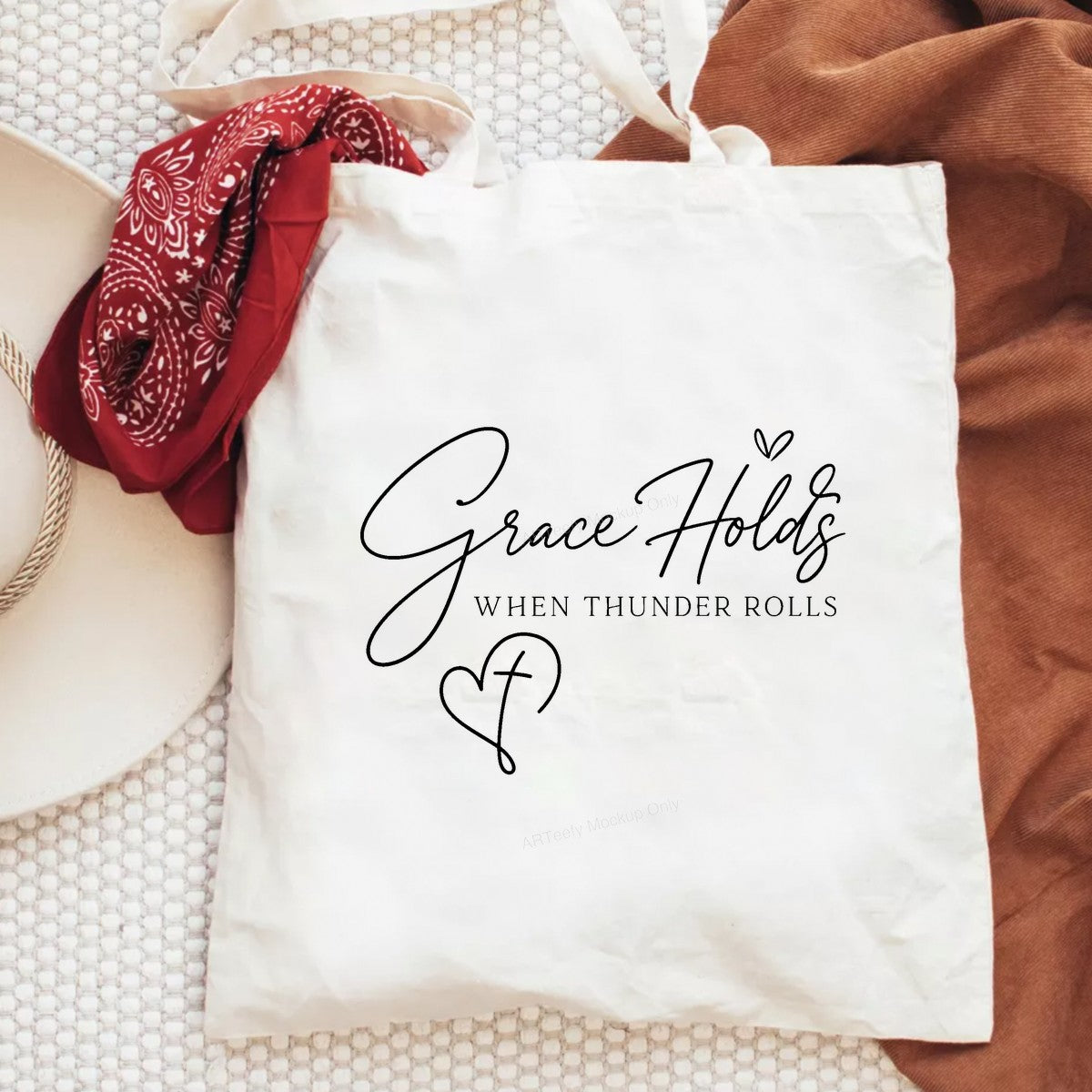 Christian Heat Transfer Grace Holds When Thunder Rolls Script Heart Cross Graphic for T Shirts Hoodies and Tote Bags - 6