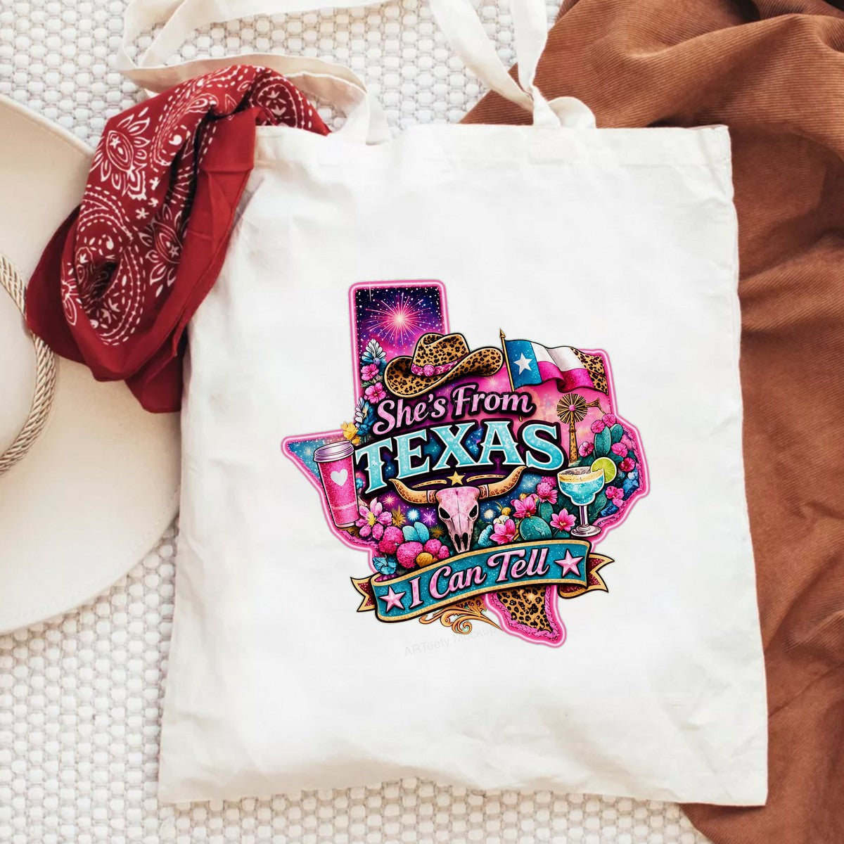 DTF Heat Transfer She’s From Texas I Can Tell Western Cow Skull and Cactus Graphic for T Shirts Hoodies and Tote Bags - 6