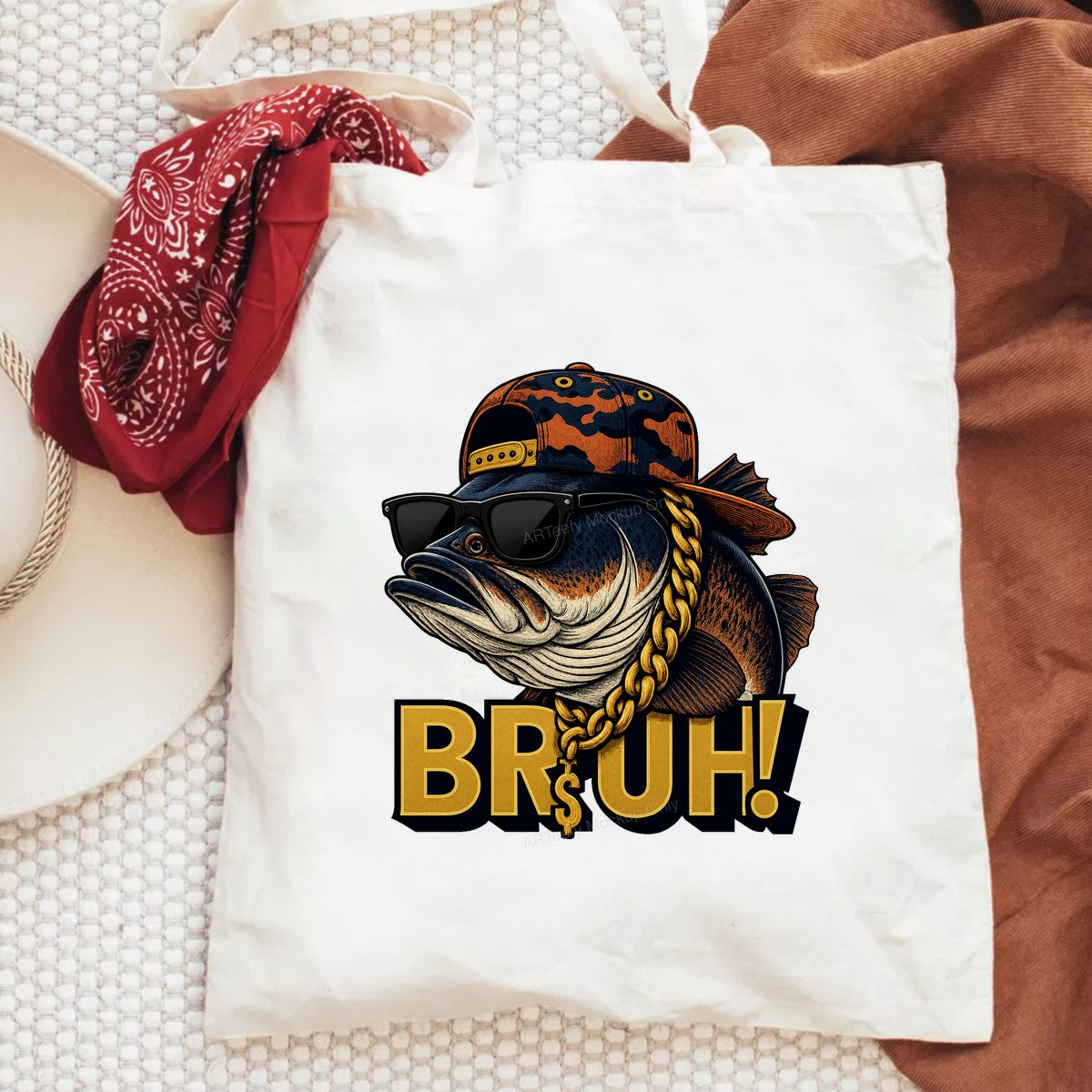 Funny Graphic Transfer Bruh Bass Fish with Sunglasses and Gold Chain Streetwear Design for T Shirts Hoodies and Fishing Apparel - 6