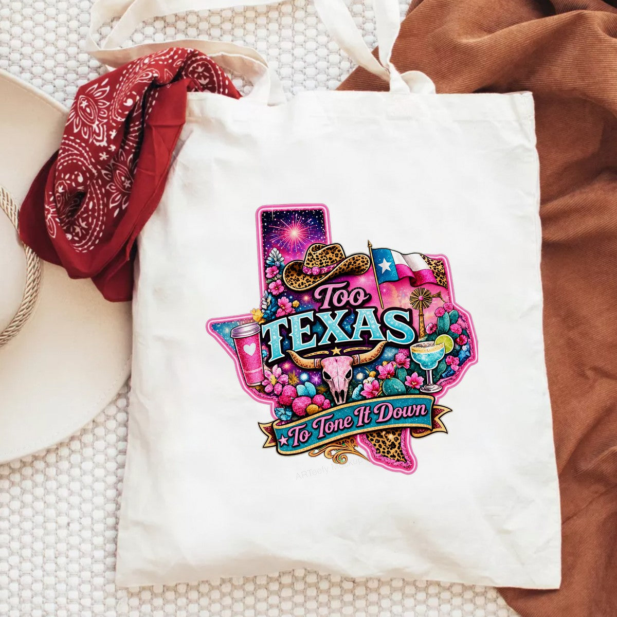 DTF Heat Transfer Too Texas To Tone It Down Western Cowgirl Skull and Cactus Graphic for T Shirts Hoodies and Tote Bags - 6