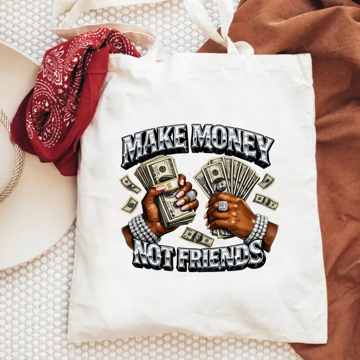 DTF Transfer Make Money Not Friends Cash Hands Chrome Lettering Graphic for T Shirts Hoodies and Streetwear Apparel - 6