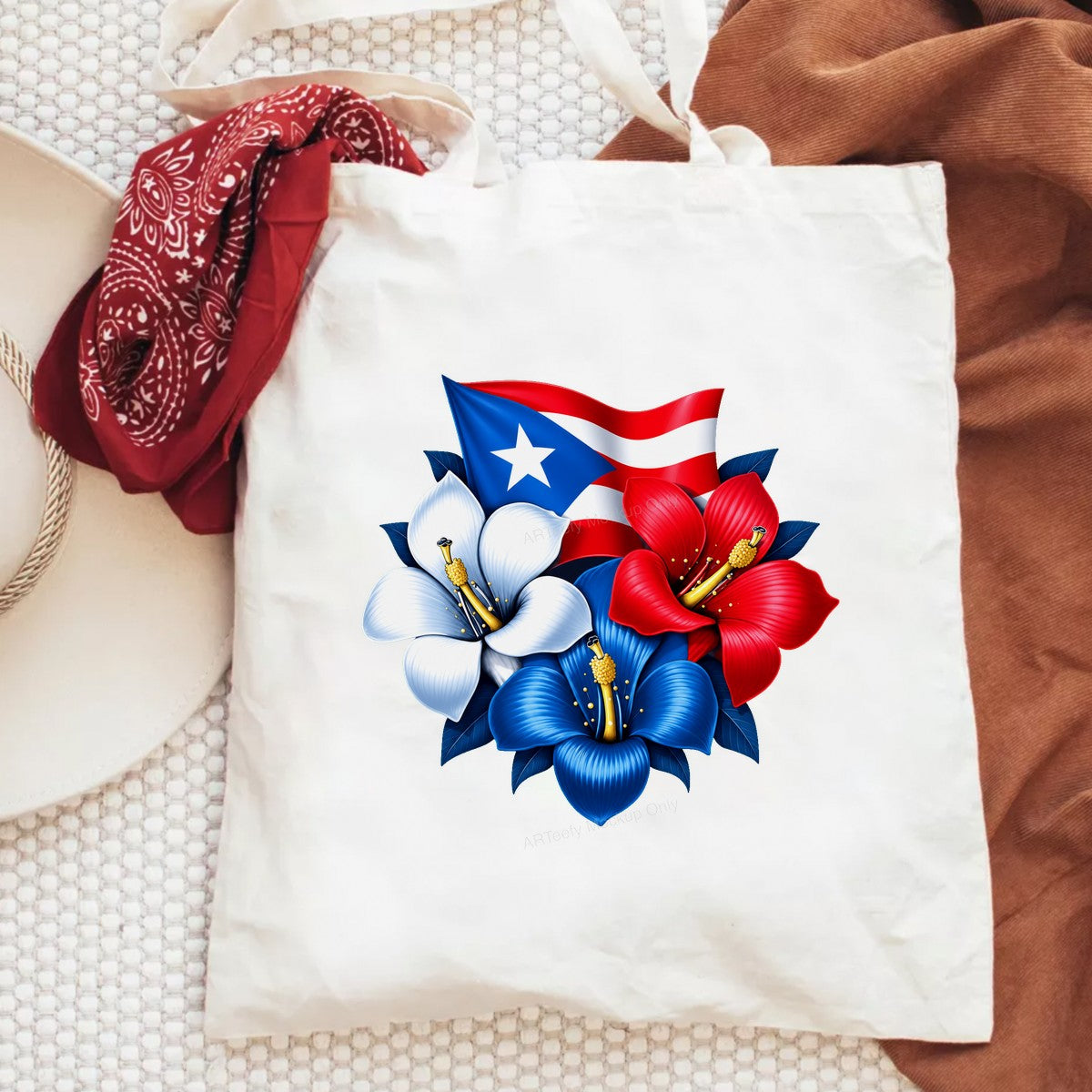 DTF Heat Transfer Puerto Rico Flag with Red White Blue Hibiscus Floral Graphic for T Shirts Hoodies and Tote Bags - 6