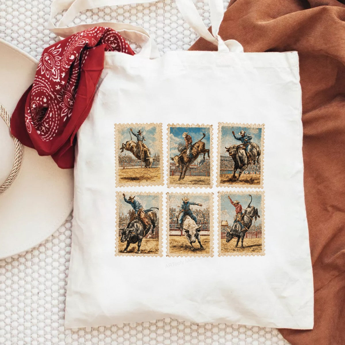 Western Heat Transfer Vintage Rodeo Bull Rider Postage Stamp Graphic for T Shirts Hoodies and Tote Bags - 6