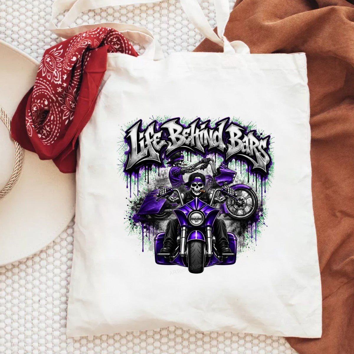 DTF Heat Transfer Life Behind Bars Skeleton Biker Purple Motorcycle Graphic for T Shirts Hoodies and Biker Apparel - 6