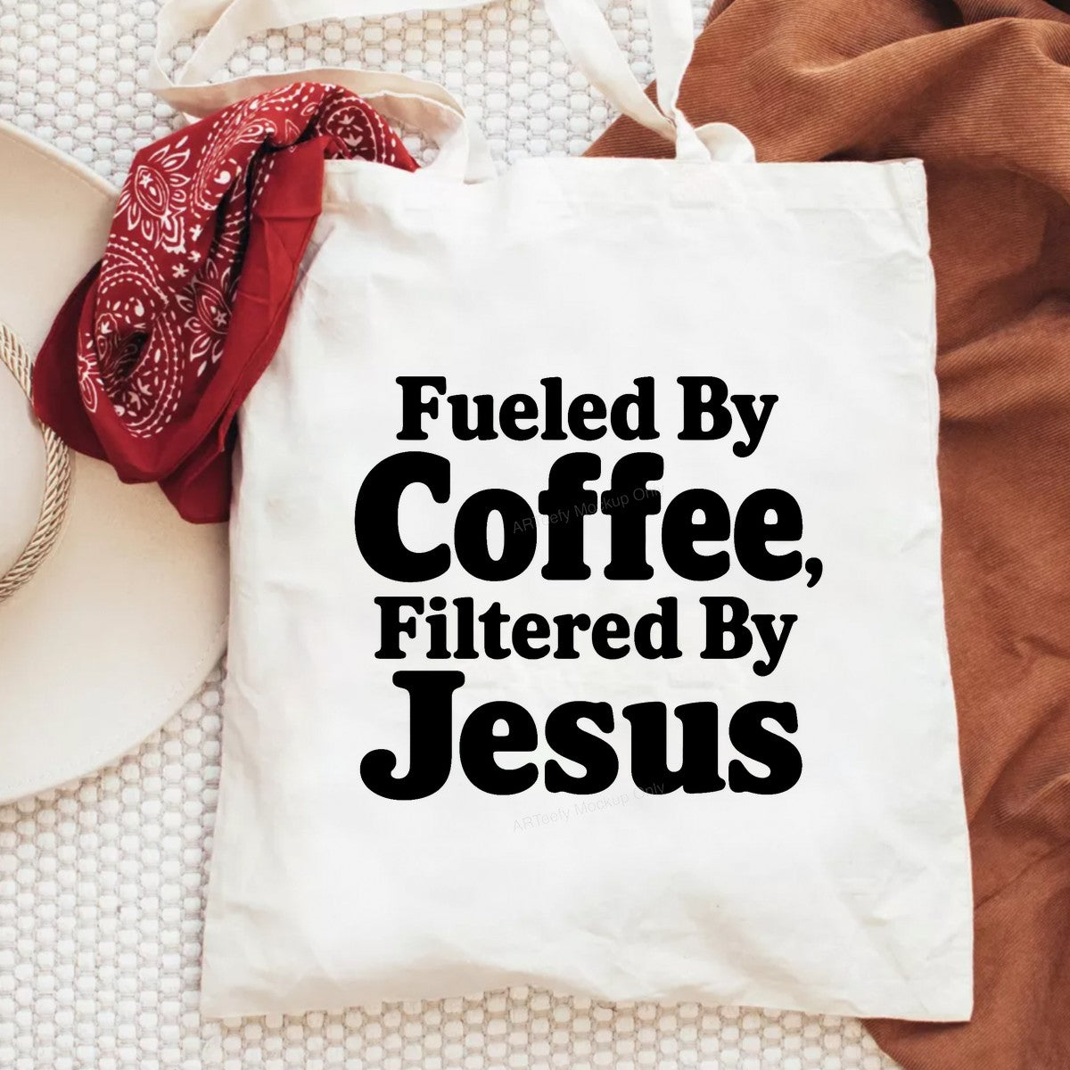 Christian Heat Transfer Fueled By Coffee Filtered By Jesus Bold Text Graphic for T Shirts Hoodies and Tote Bags - 6