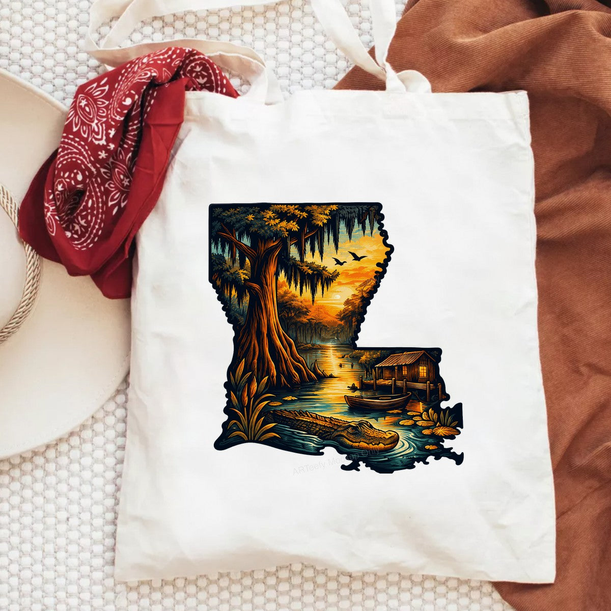 DTF Heat Transfer Louisiana Bayou Sunset with Alligator and Cabin Graphic for T Shirts Hoodies and Tote Bags - 6