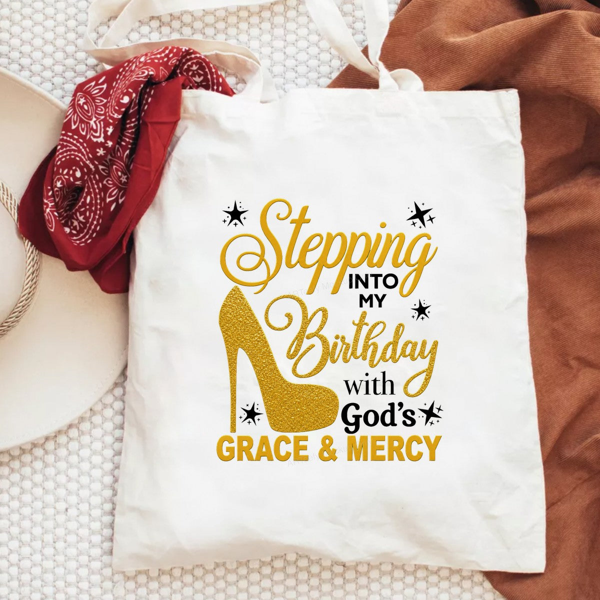 Christian Heat Transfer Stepping Into My Birthday With God’s Grace and Mercy Gold High Heel Graphic for T Shirts Hoodies and Birthday Apparel - 6