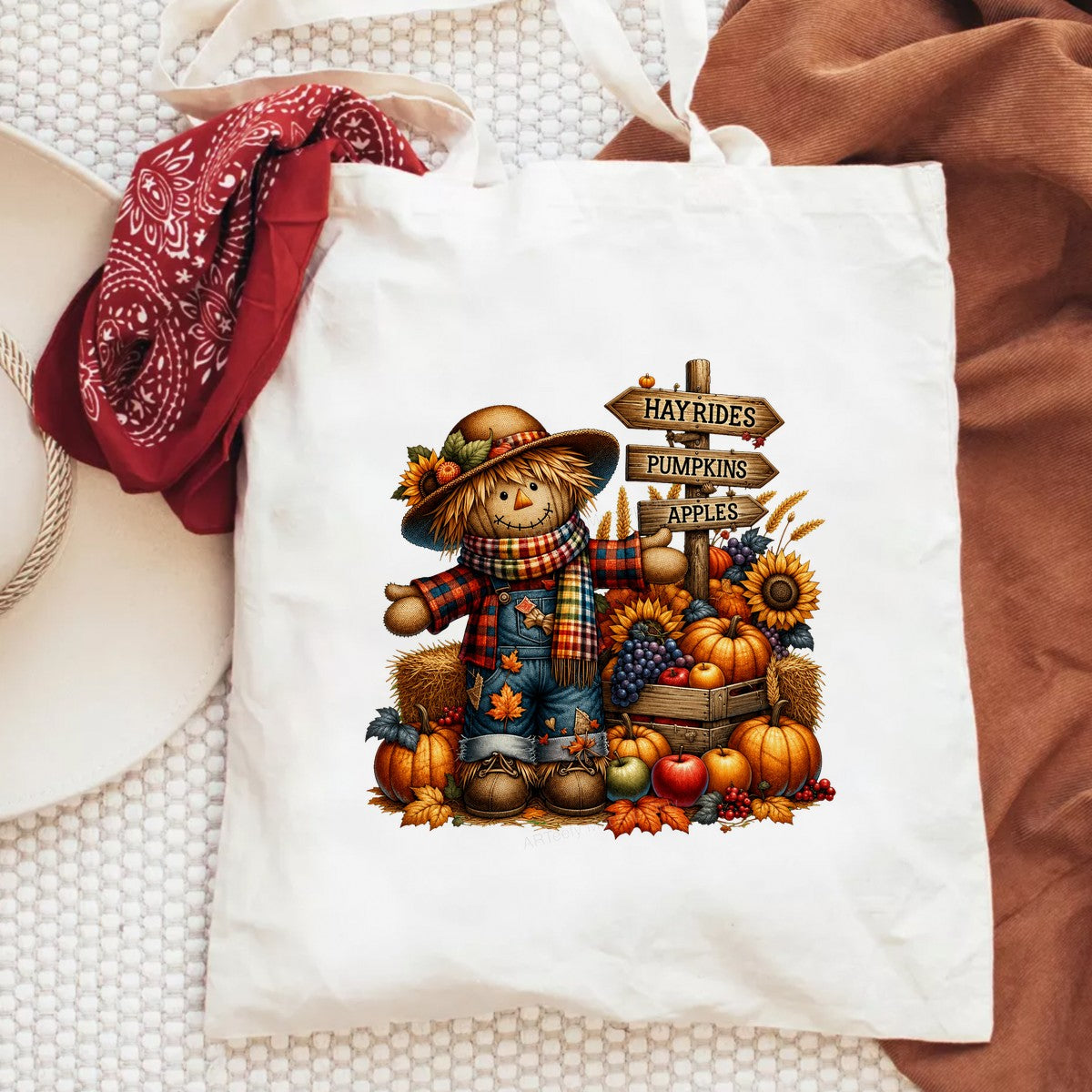 DTF Transfer Cute Fall Scarecrow with Pumpkins Sunflowers and Hayrides Sign Graphic for T Shirts Hoodies and Tote Bags - 6
