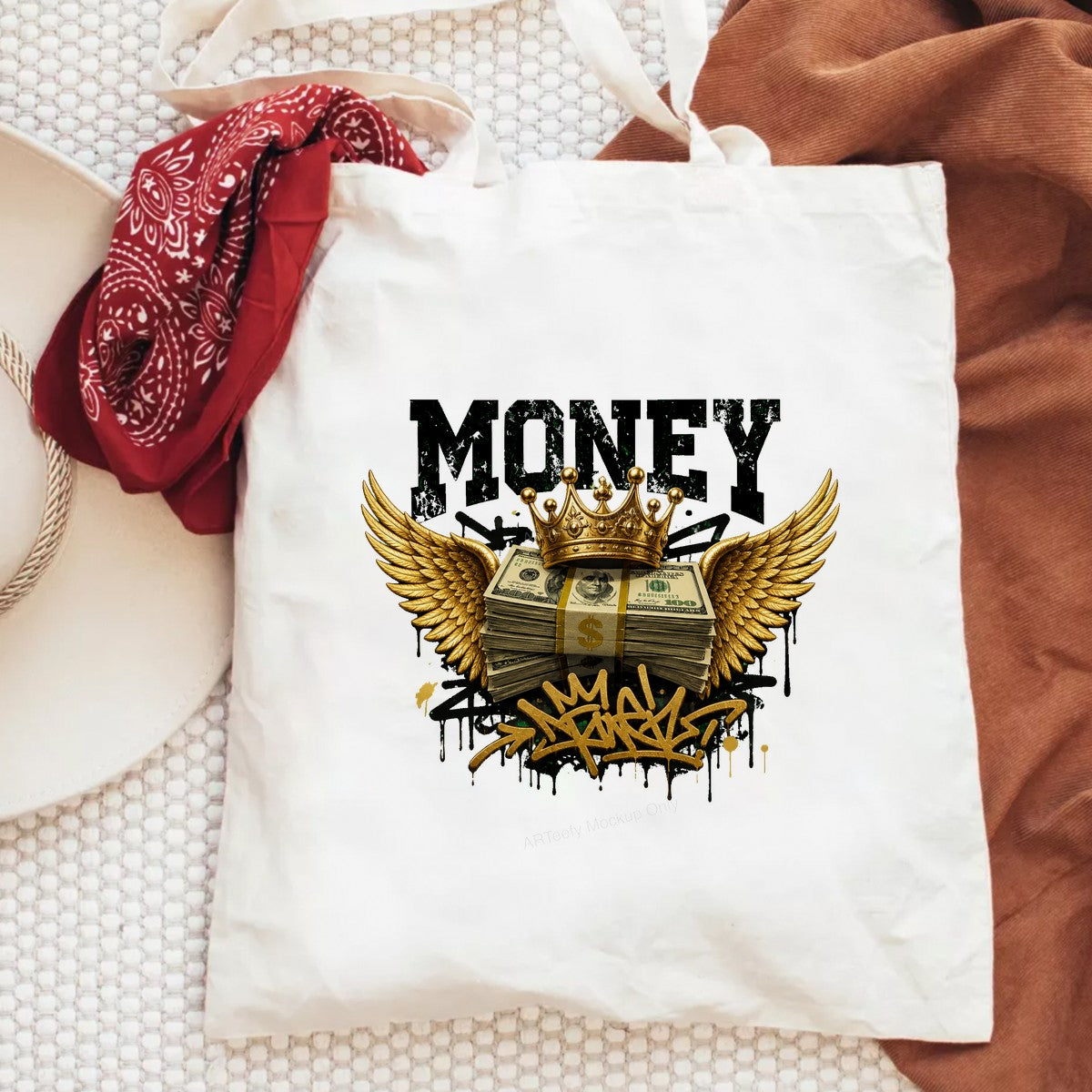 DTF Heat Transfer Money Crown with Wings Graffiti Cash Stack Graphic for T Shirts Hoodies and Streetwear Apparel - 6