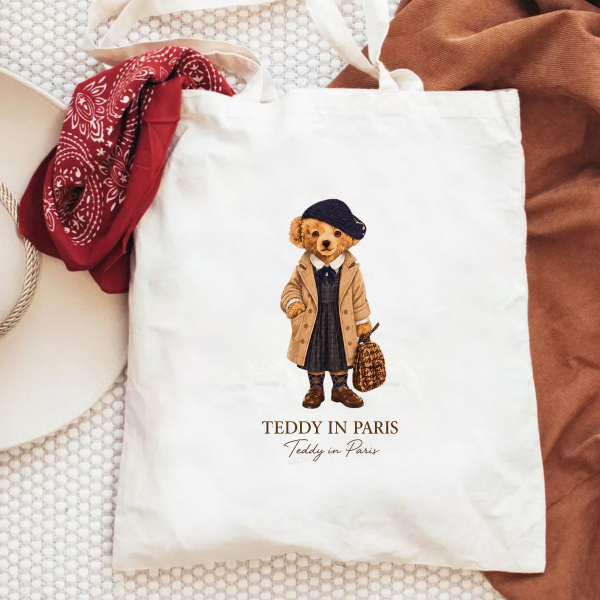 DTF Transfer Teddy in Paris Bear in Trench Coat Vintage Travel Graphic for T Shirts Hoodies and Tote Bags - 6