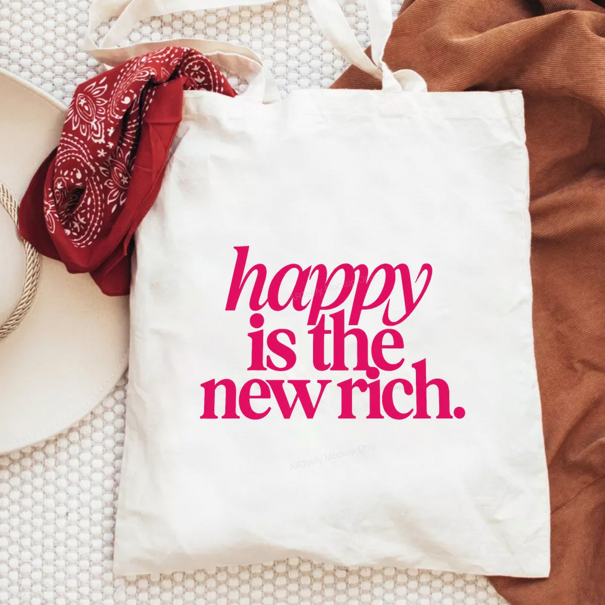 DTF Transfer Happy Is The New Rich Quote Bold Pink Typography Graphic for T Shirts Hoodies and Tote Bags - 6