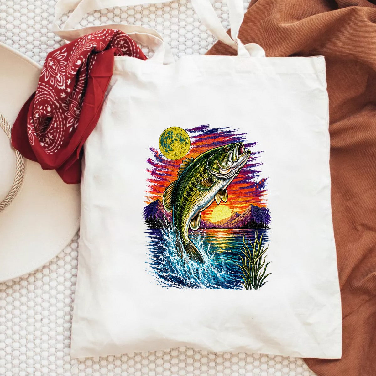 DTF Heat Transfer Jumping Bass Fish Sunset Lake Graphic for Fishing T Shirts Hoodies and Gifts - 6