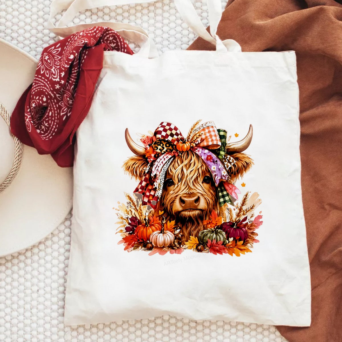 DTF Heat Transfer Highland Cow with Fall Pumpkins Plaid Bow Graphic for T Shirts Hoodies and Tote Bags - 6