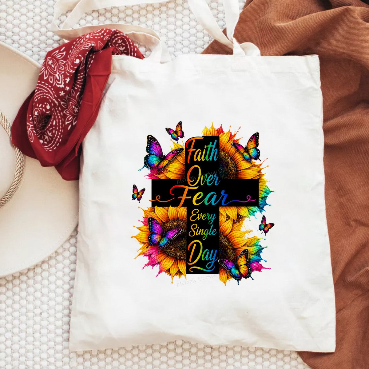 Christian Heat Transfer Faith Over Fear Every Single Day Cross with Sunflowers and Butterflies for T Shirts Hoodies and Tote Bags - 6