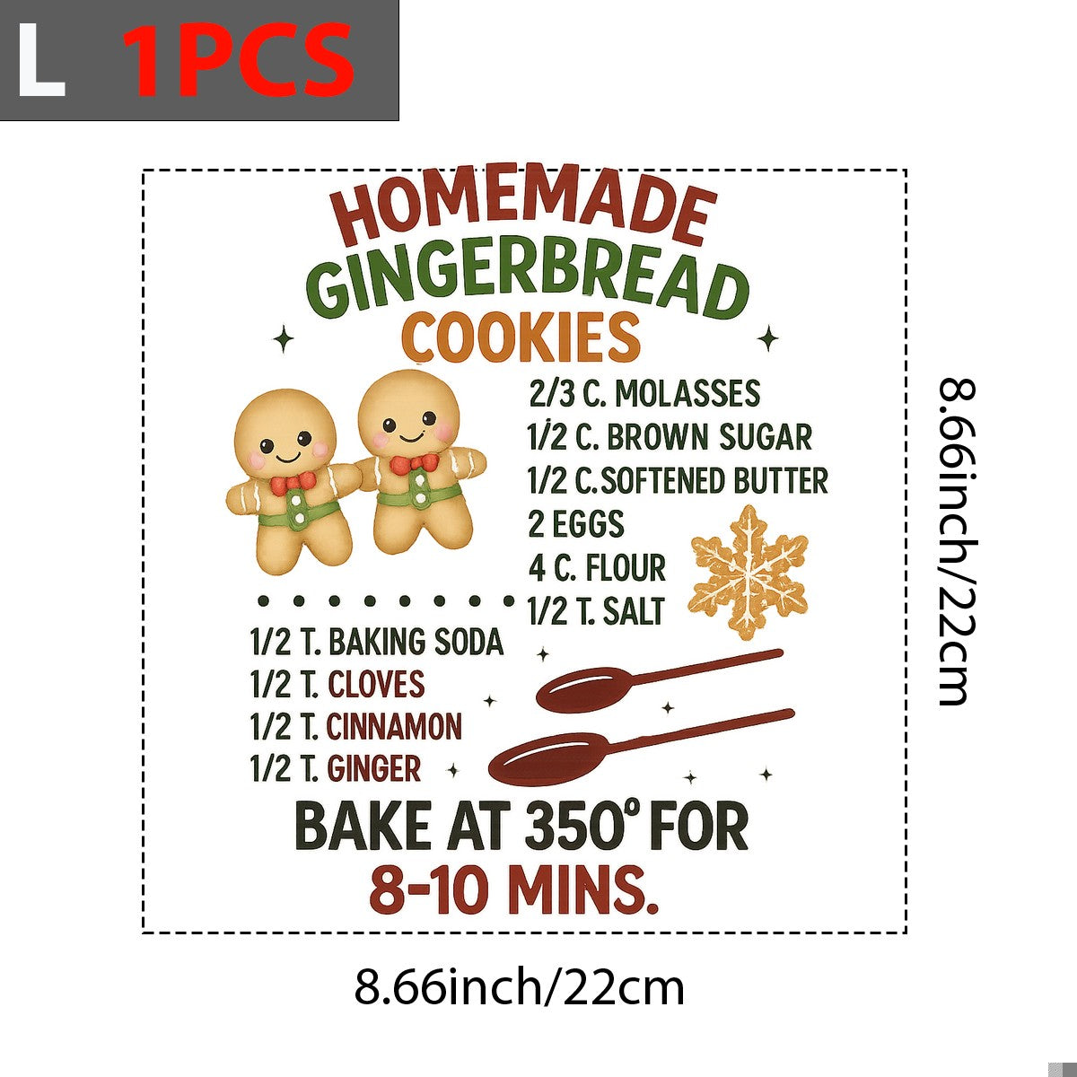 DTF Heat Transfer Iron On Sticker Homemade Gingerbread Cookies Recipe with Cute Gingerbread Man Graphic for Christmas Holiday Baking Decor Aprons Towels and Kitchen Gifts - 7
