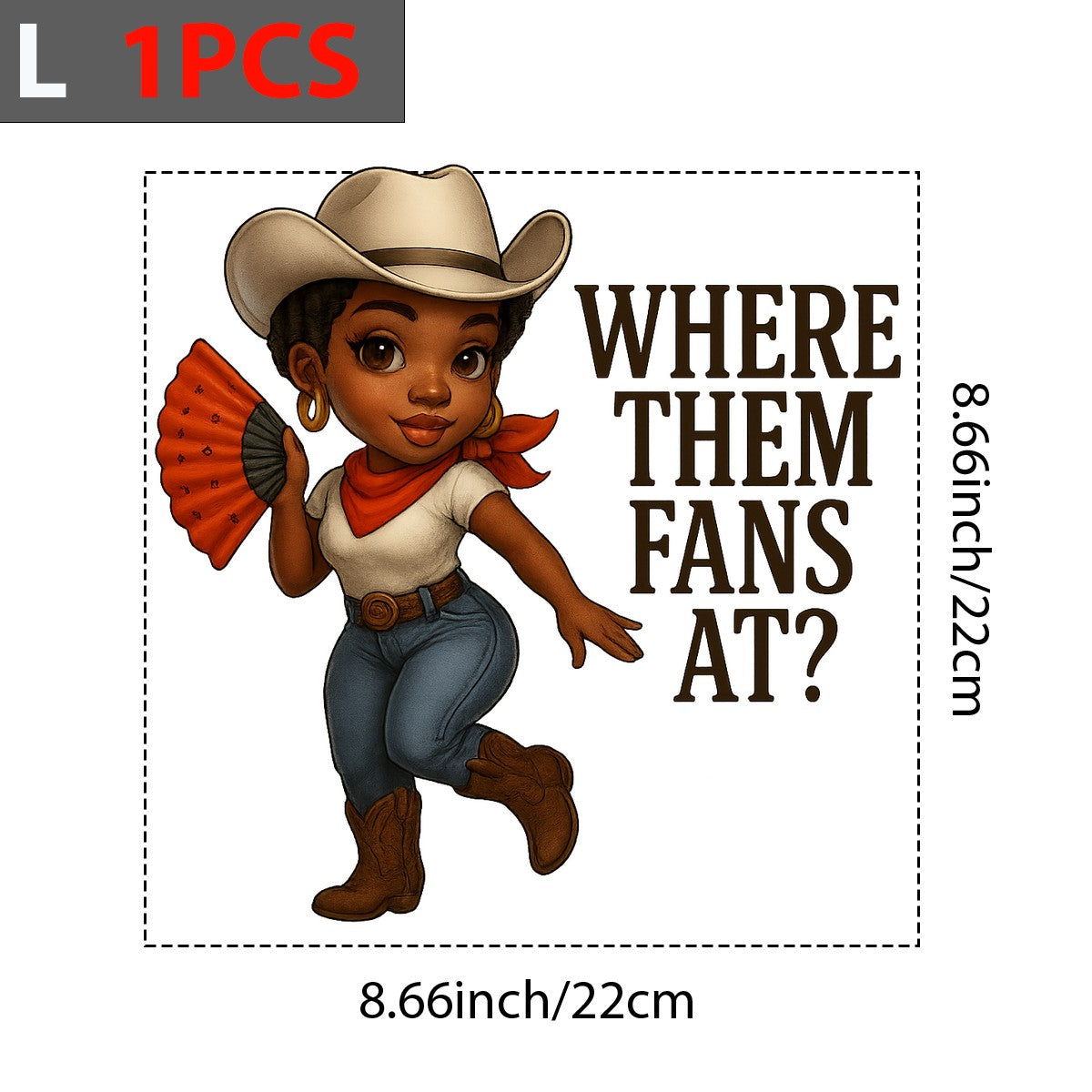 DTF Heat Transfer Iron On Sticker Western Cowgirl Holding Fan with Classic Cowboy Hat and Boots Graphic for DIY T Shirts Jackets Bags and Home Decor - 7
