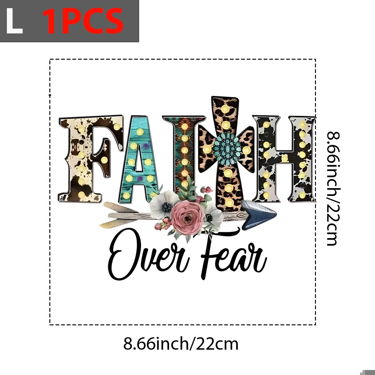 DTF Heat Transfer Iron On Sticker Faith Over Fear Lettering with Rustic Floral Arrow Pattern for Western Apparel Bags Home Decor and Inspirational Gifts - 7