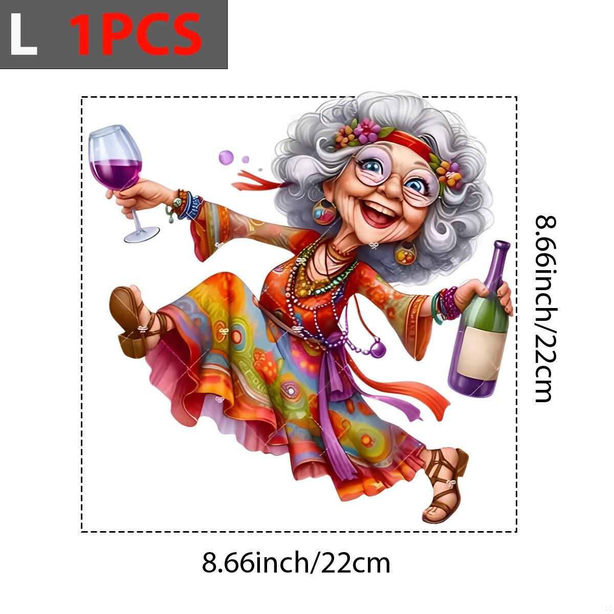DTF Heat Transfer Iron On Sticker Vintage Bohemian Woman Holding Wine Glass and Bottle Colorful Dress for Fall Home Decor Apparel Bags and Party Celebration - 7