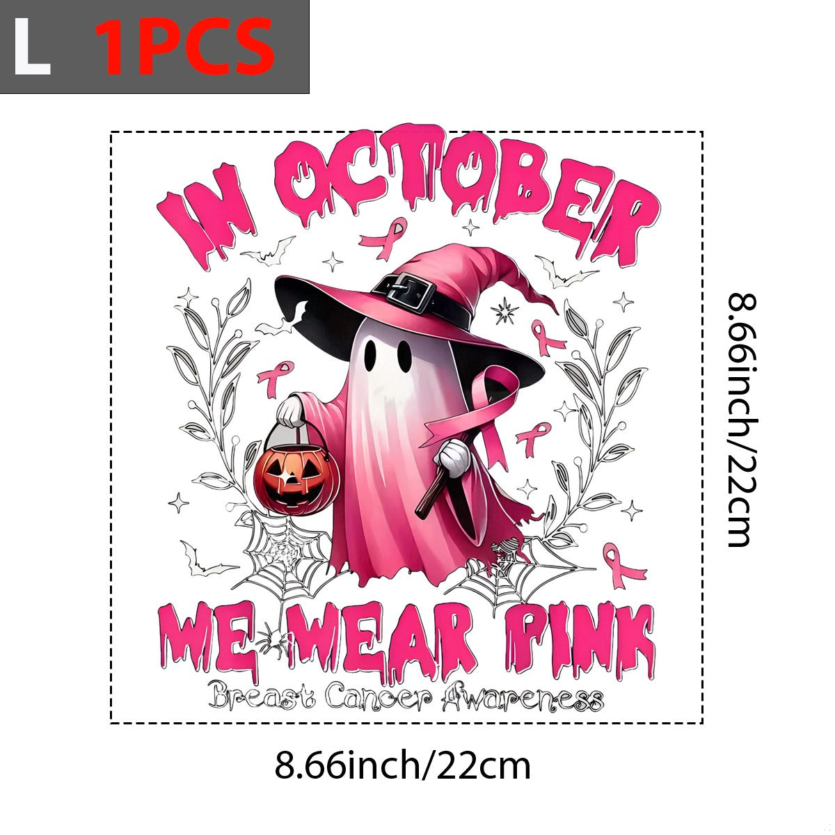 DTF Heat Transfer Iron On Sticker Pink Ghost with Witch Hat and Pumpkin Breast Cancer Awareness for Halloween Shirts and Home Decor - 7