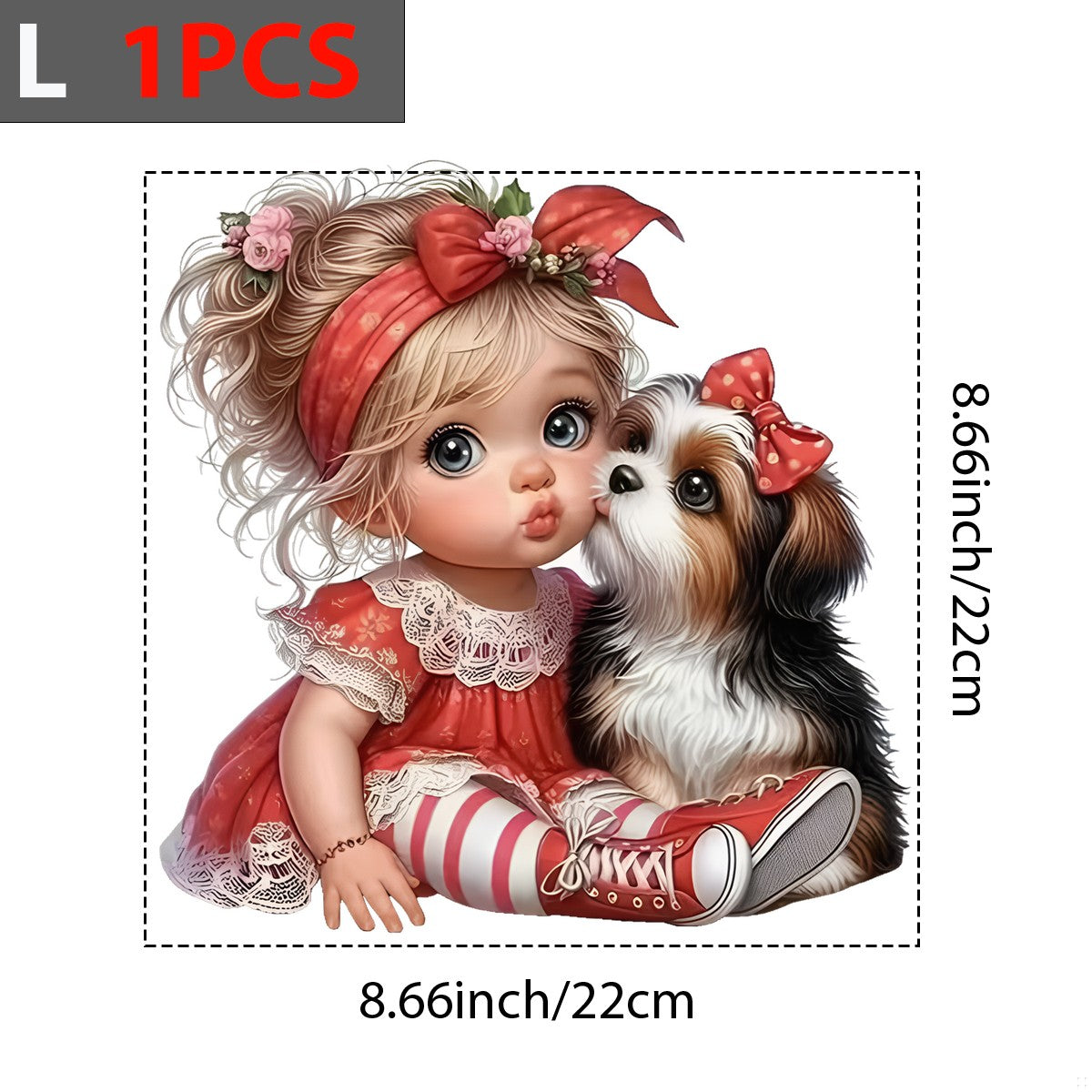 DTF Heat Transfer Iron On Sticker Cute Baby Girl with Puppy Red Dress and Headband for Apparel Bags and Nursery Decor - 7