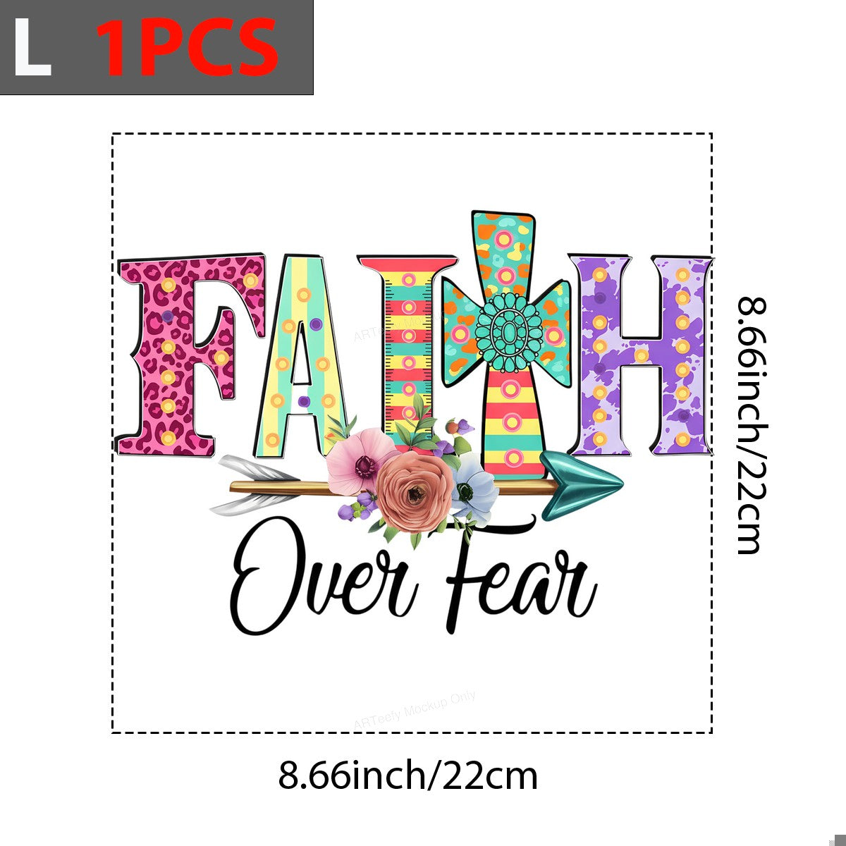 DTF Heat Transfer Iron On Sticker DTF Transfers Ready to Press Faith Over Fear Colorful Pattern with Floral Arrow for Inspirational Apparel Gifts Clearance - 7