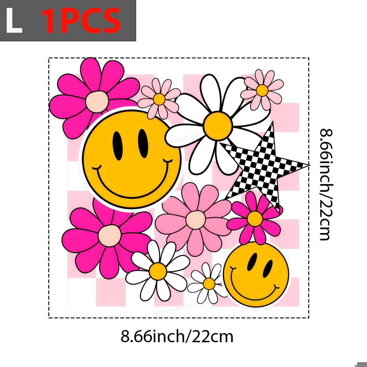 DTF Heat Transfer Iron On Sticker DTF Transfers Ready to Press Smiley Face with Checkered Star and Pink Flowers for T Shirts Hoodies Local Warehouse - 7