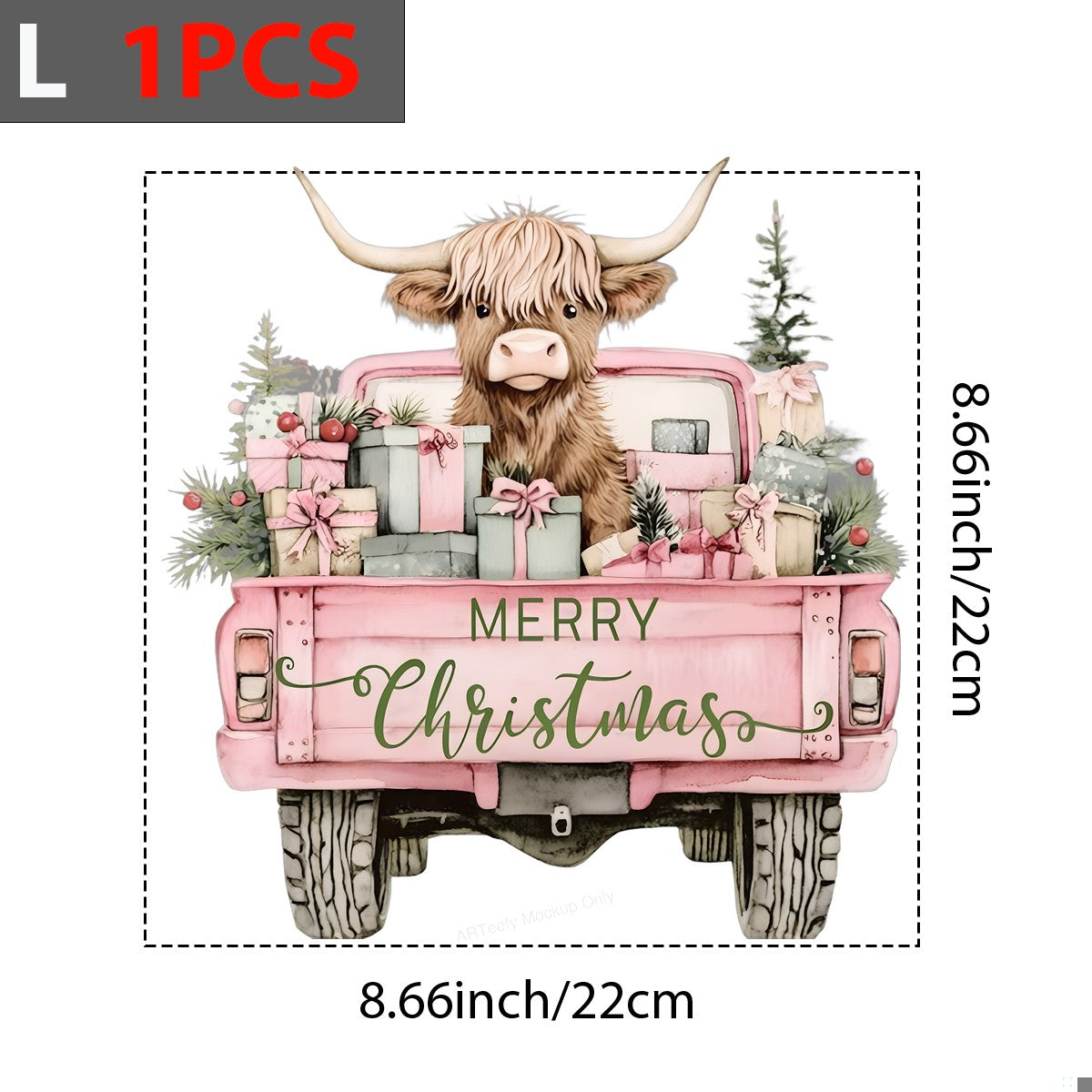 DTF Heat Transfer Iron On Sticker Heat Transfer Designs Ready to Press Christmas Highland Cow with Presents in Pink Truck for Holiday Apparel Local Warehouse - 7