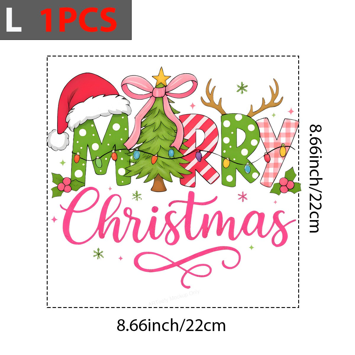 DTF Heat Transfer Iron On Sticker Iron On Heat Transfers Merry Christmas Design Colorful Lettering with Santa Hat Tree Lights for Holiday T Shirts Local Warehouse - 7