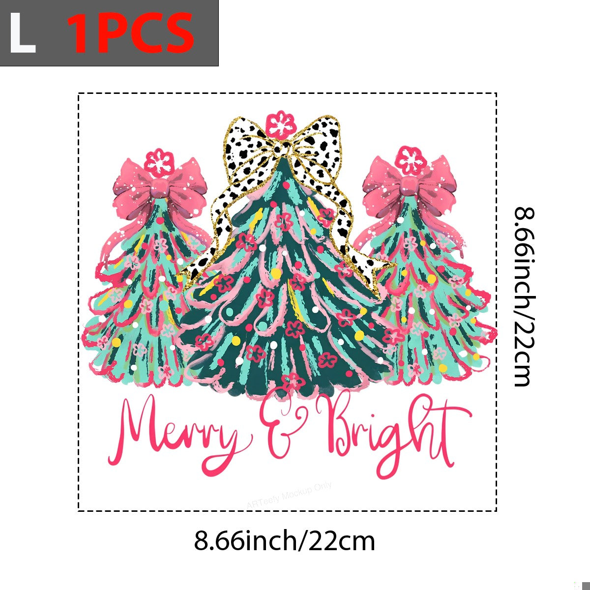DTF Heat Transfer Iron On Sticker Iron On Transfers for T Shirts Merry Bright Christmas Tree Design with Pink Bows for Holiday Apparel Gifts Local Warehouse - 7