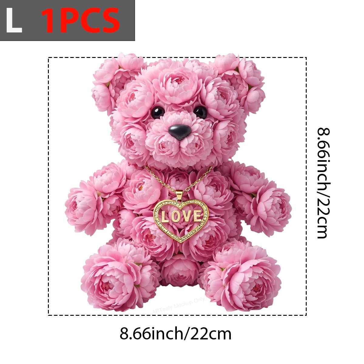 DTF Transfer Pink Flower Teddy Bear with Gold LOVE Heart Necklace Graphic for T Shirts Hoodies and Valentine Gifts - 7