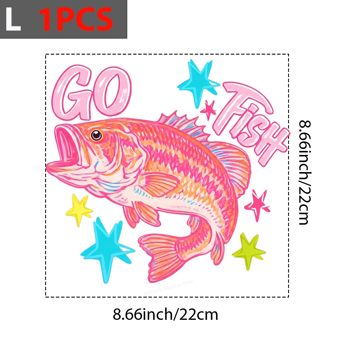 DTF Transfer Go Fish Pink Bass with Colorful Stars Graphic for T Shirts Hoodies and Fishing Apparel - 7