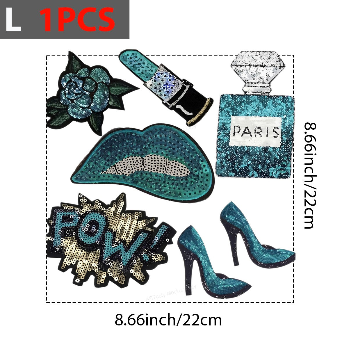 Heat Transfer Patch Teal Sequin Lips Perfume Heels Comic Pow Graphic for T Shirts Hoodies and Tote Bags - 7