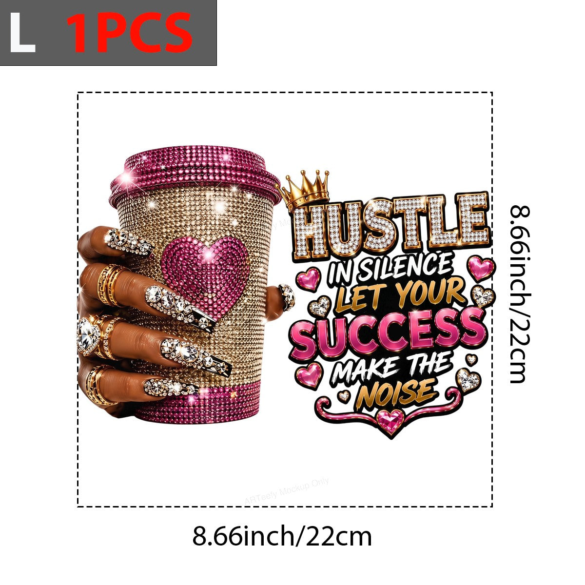 DTF Heat Transfer Hustle in Silence Let Your Success Make the Noise Bling Coffee Cup Graphic for T Shirts Hoodies and Tote Bags - 7