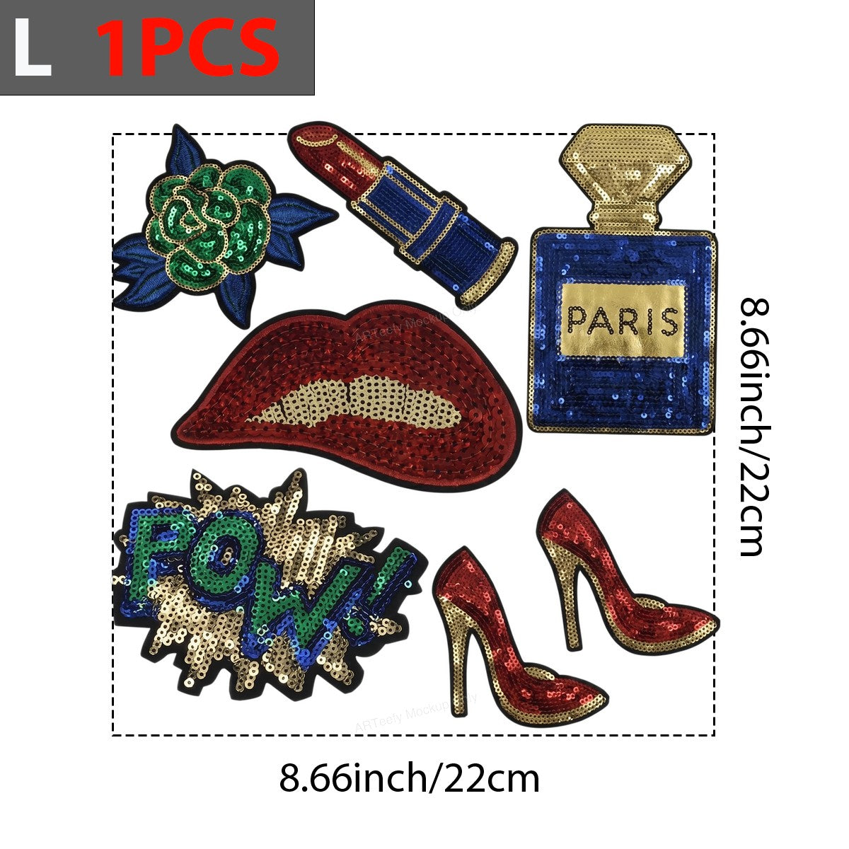 Heat Transfer Patch Set Sequin Lips Lipstick Perfume Heels Comic Pow Graphic for T Shirts Jackets and Tote Bags - 7