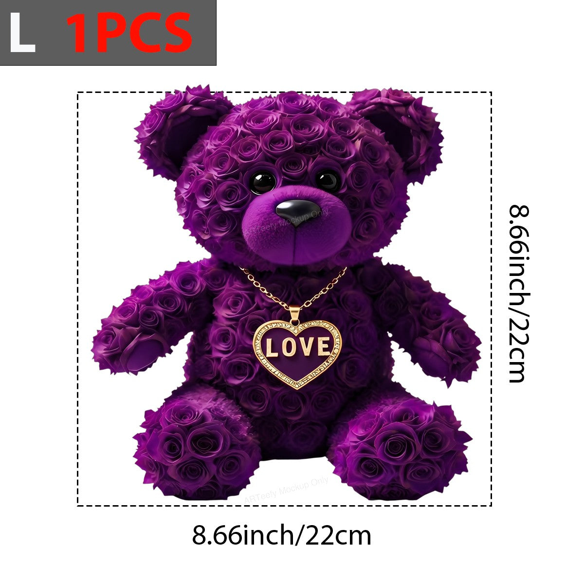 DTF Transfer Purple Rose Teddy Bear with Gold Love Heart Necklace Graphic for T Shirts Hoodies and Valentine Gifts - 7