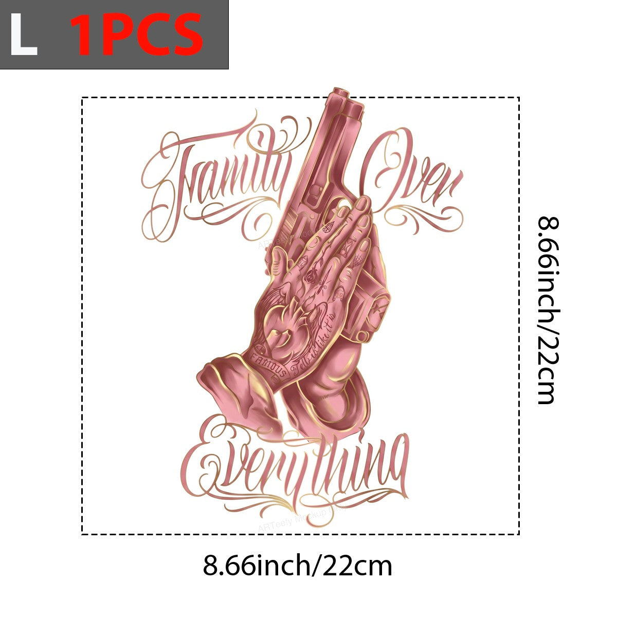 DTF Heat Transfer Family Over Everything Praying Hands with Gun Tattoo Art for T Shirts Hoodies and Streetwear Apparel - 7