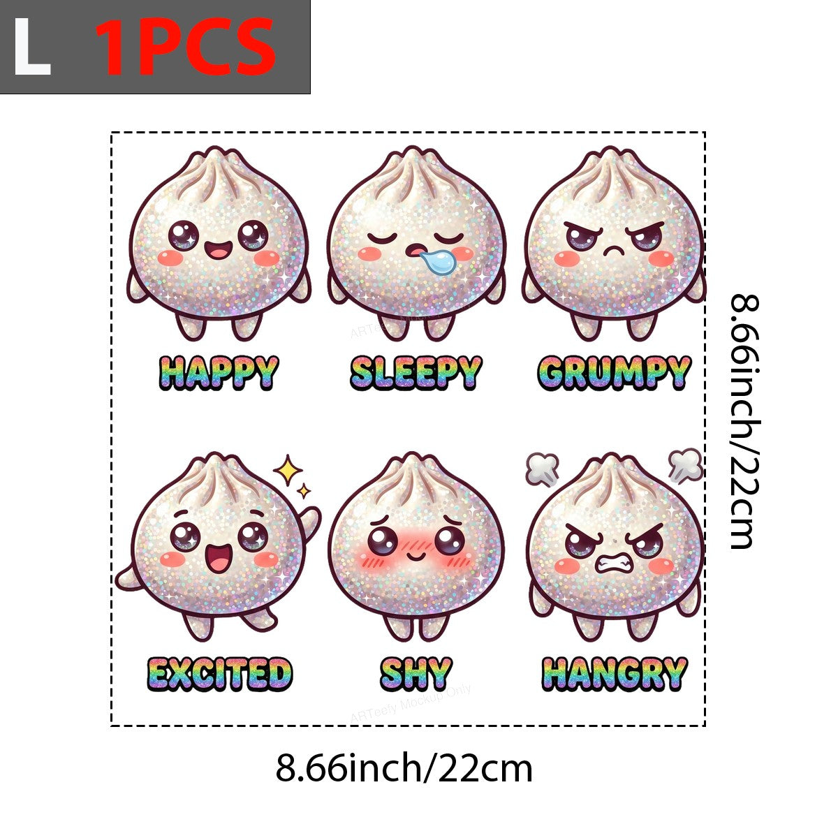 Funny Graphic Transfer Glitter Dumpling Emotions Happy Sleepy Grumpy Design for T Shirts Hoodies and Tote Bags - 7