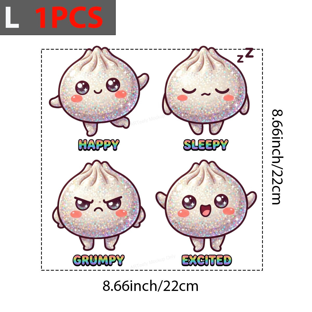DTF Transfer Glitter Dumpling Emotions Happy Sleepy Grumpy Excited Graphic for T Shirts Hoodies and Tote Bags - 7