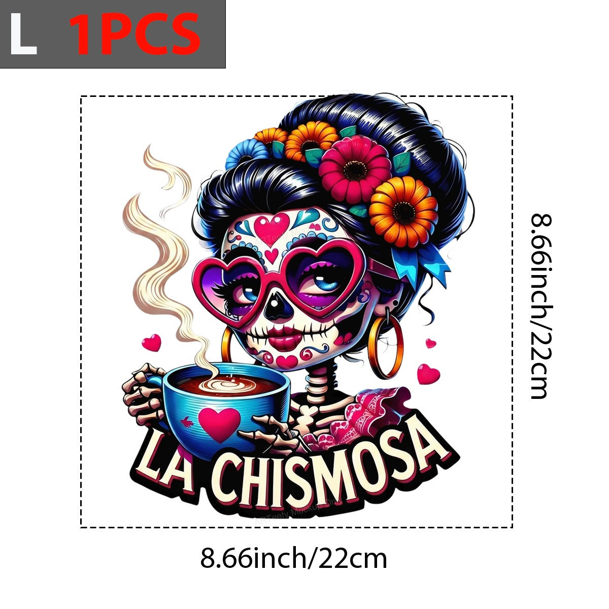 DTF Heat Transfer La Chismosa Skeleton Latina with Coffee Colorful Floral Graphic for T Shirts Hoodies and Tote Bags - 7