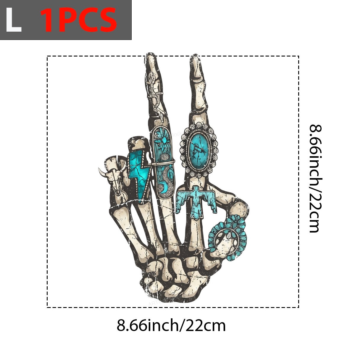 Western Heat Transfer Skeleton Peace Hand with Turquoise Rings Graphic for T Shirts Hoodies and Tote Bags - 7