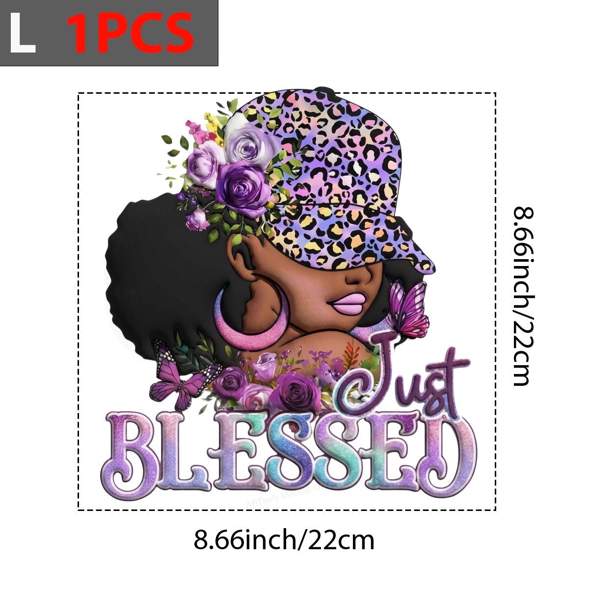 DTF Heat Transfer Just Blessed Afro Woman with Floral Leopard Hat and Butterflies Graphic for T Shirts Hoodies and Tote Bags - 7