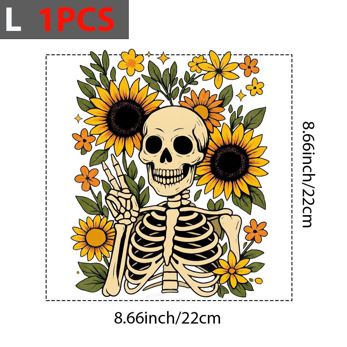 DTF Heat Transfer Peace Sign Skeleton with Sunflowers Retro Floral Graphic for T Shirts Hoodies and Tote Bags - 7