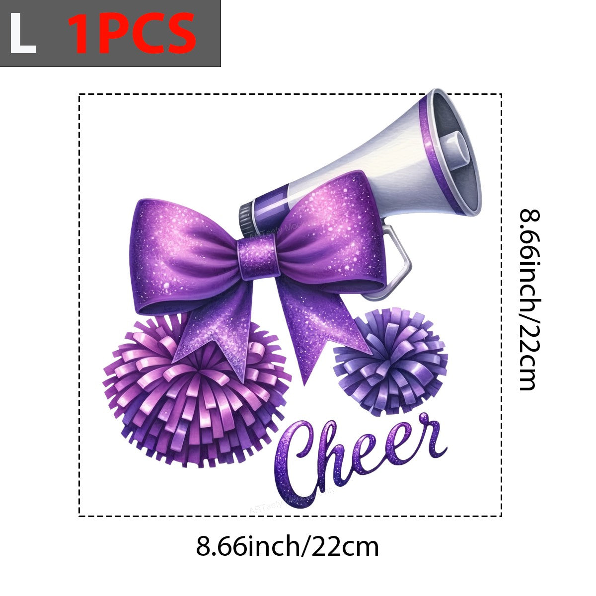 DTF Heat Transfer Cheer Megaphone with Purple Glitter Bow and Pom Poms Graphic for T Shirts Hoodies and Cheerleading Apparel - 7