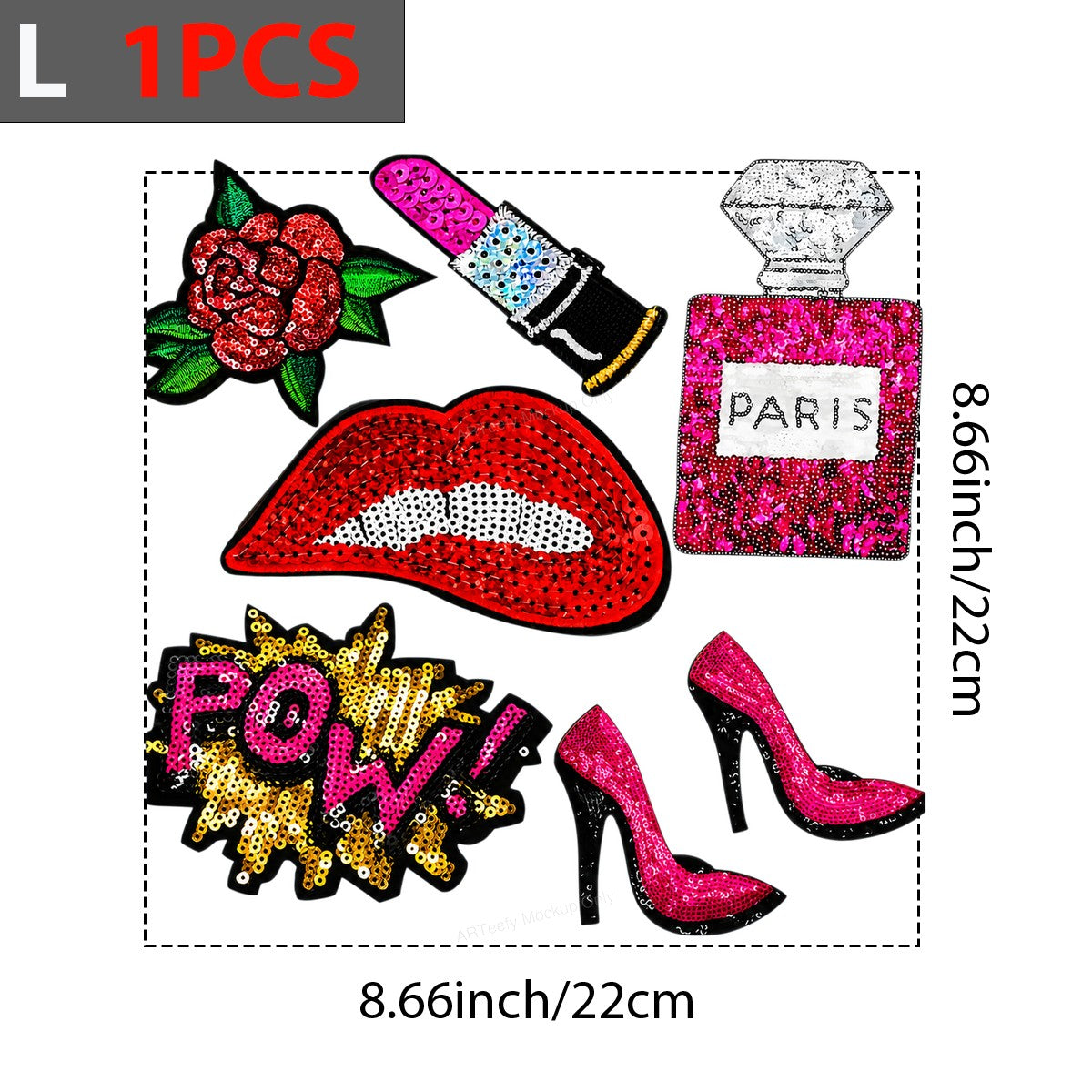 Heat Transfer Patch Glam Lips Lipstick Perfume and Heels Sequin Graphic for T Shirts Jackets and Tote Bags - 7