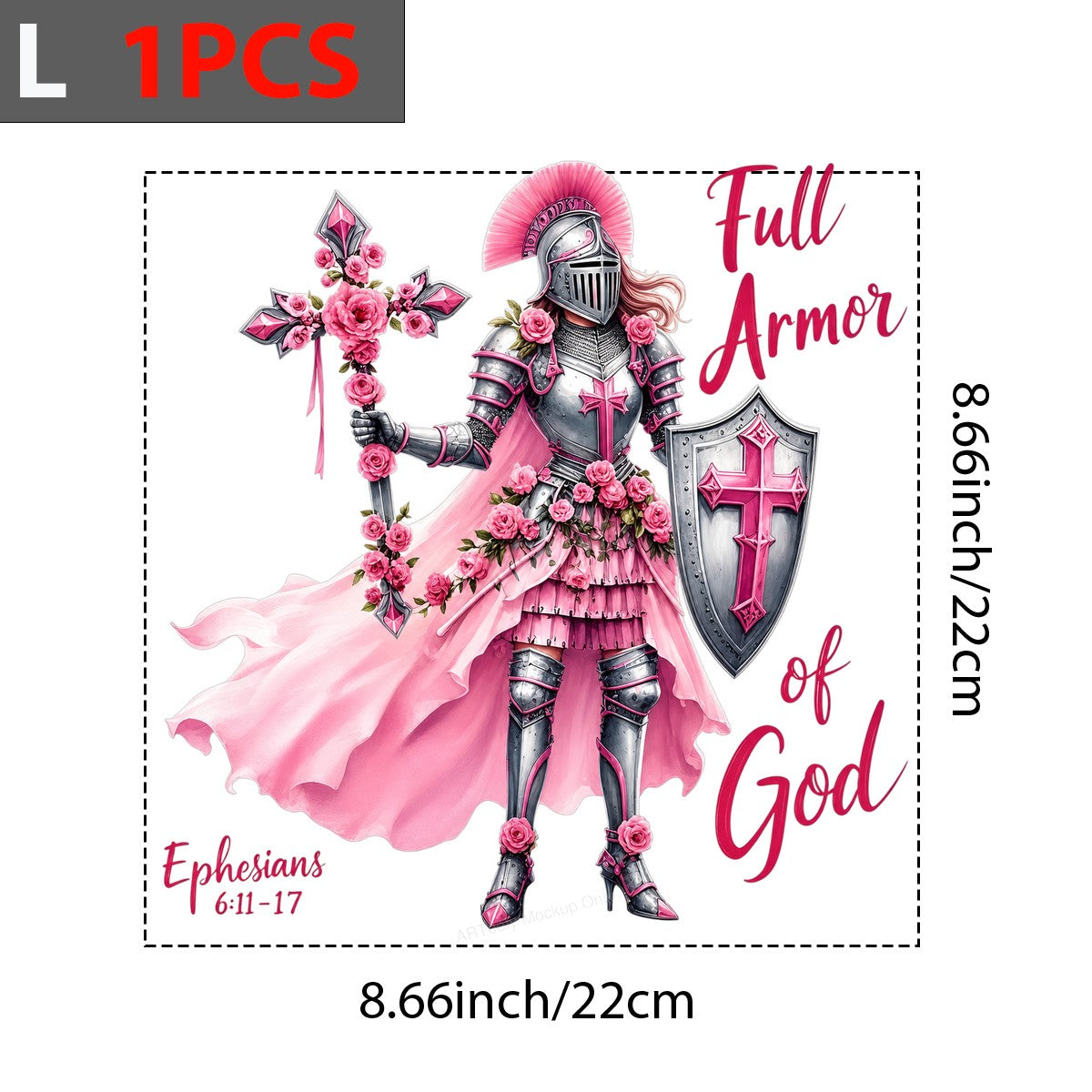 Christian Heat Transfer Full Armor of God Pink Warrior with Cross and Roses Graphic for T Shirts Hoodies and Christian Apparel - 7