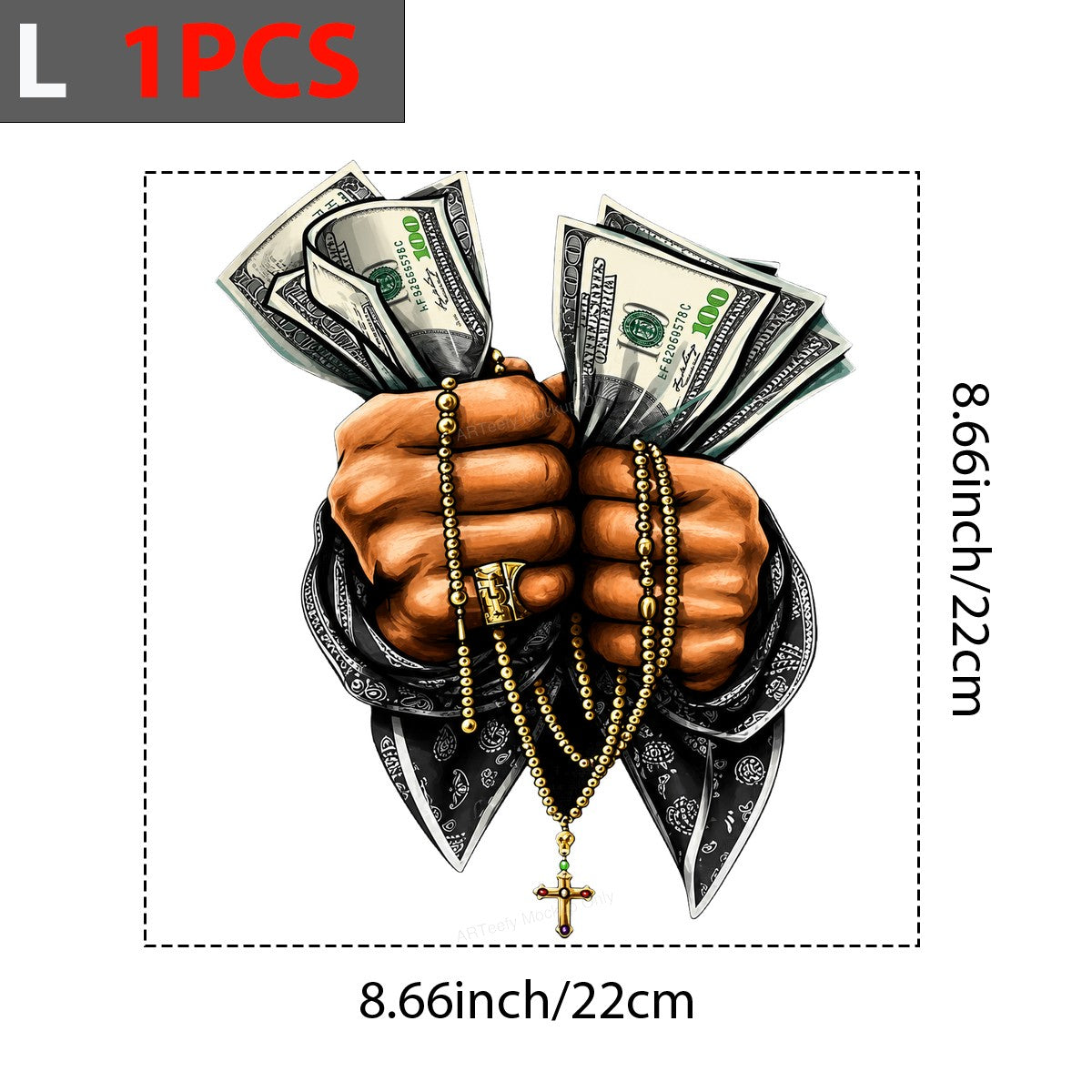 DTF Heat Transfer Praying Hands with Cash and Gold Cross Bandana Art Graphic for T Shirts Hoodies and Streetwear Apparel - 7