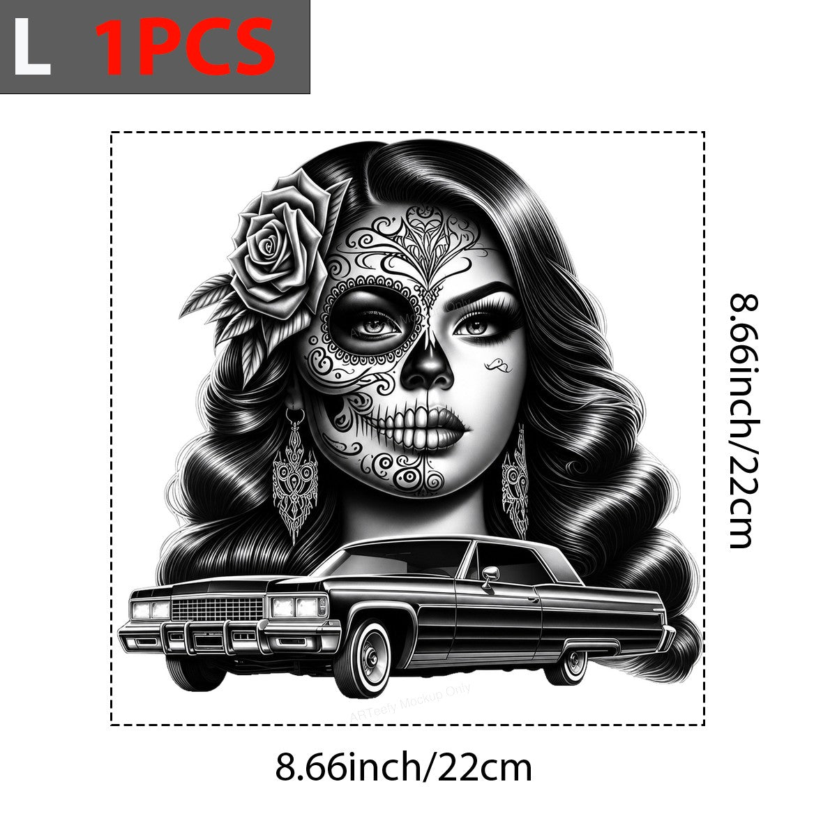 DTF Heat Transfer Lowrider Car with Latina Pinup Rose Art Black and White Graphic for T Shirts Hoodies and Streetwear Apparel - 7