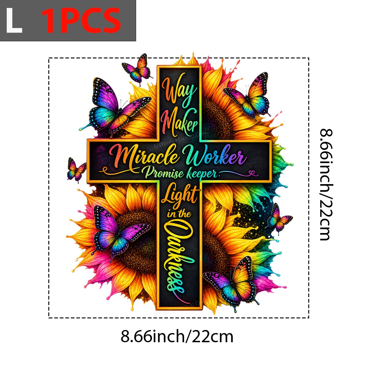 Christian Heat Transfer Way Maker Miracle Worker Quote Cross with Sunflowers and Butterflies for Christian Apparel and Gifts - 7